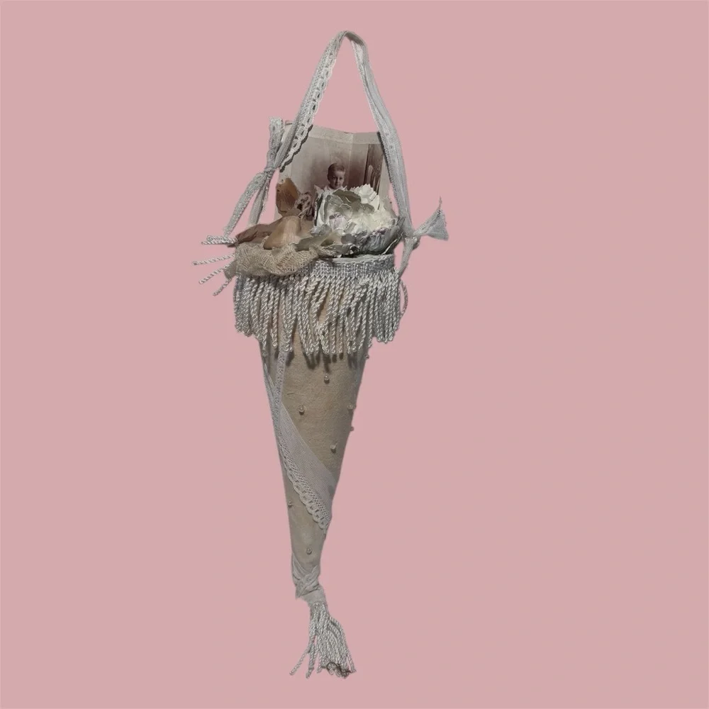 Handmade Victorian Cone Tussie Mussie with Vintage Baby Photo & Shoe Shabby Chic